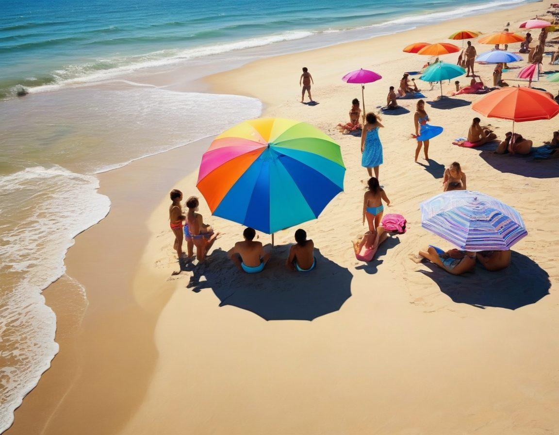 A serene beach setting featuring diverse individuals wearing vibrant swimwear, each representing a unique story through their colors and patterns. An artist paints on a large canvas beside them, drawing inspiration from the scene, while waves gently lap at the shore, enhancing the drama of the moment. Sunlight casts dynamic shadows, adding depth and character. Colorful beach umbrellas and playful children in the background enrich the narrative. super-realistic. vibrant colors. natural lighting.